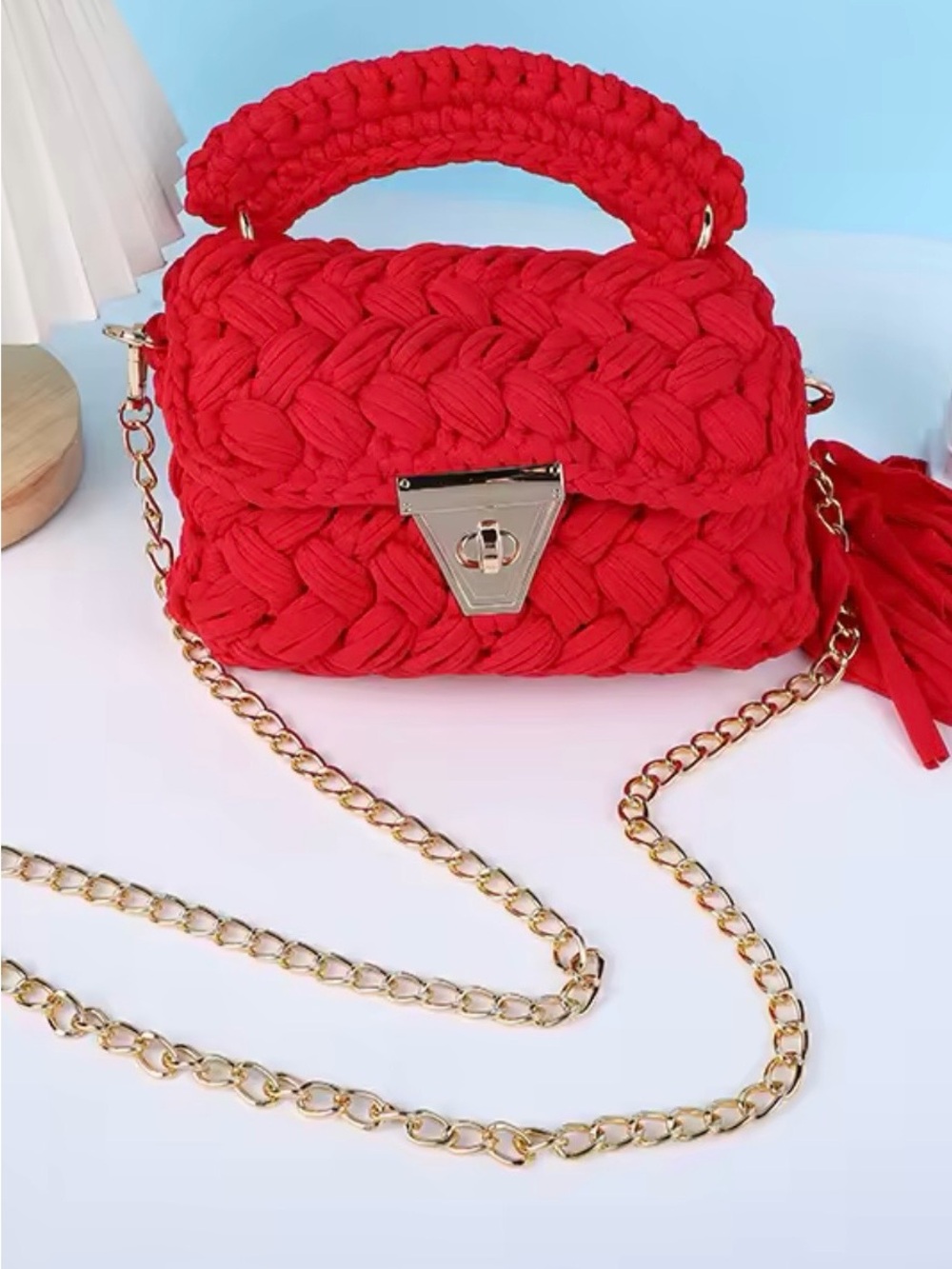 Kohl's Red Woven Mini Bag with Gold Chain